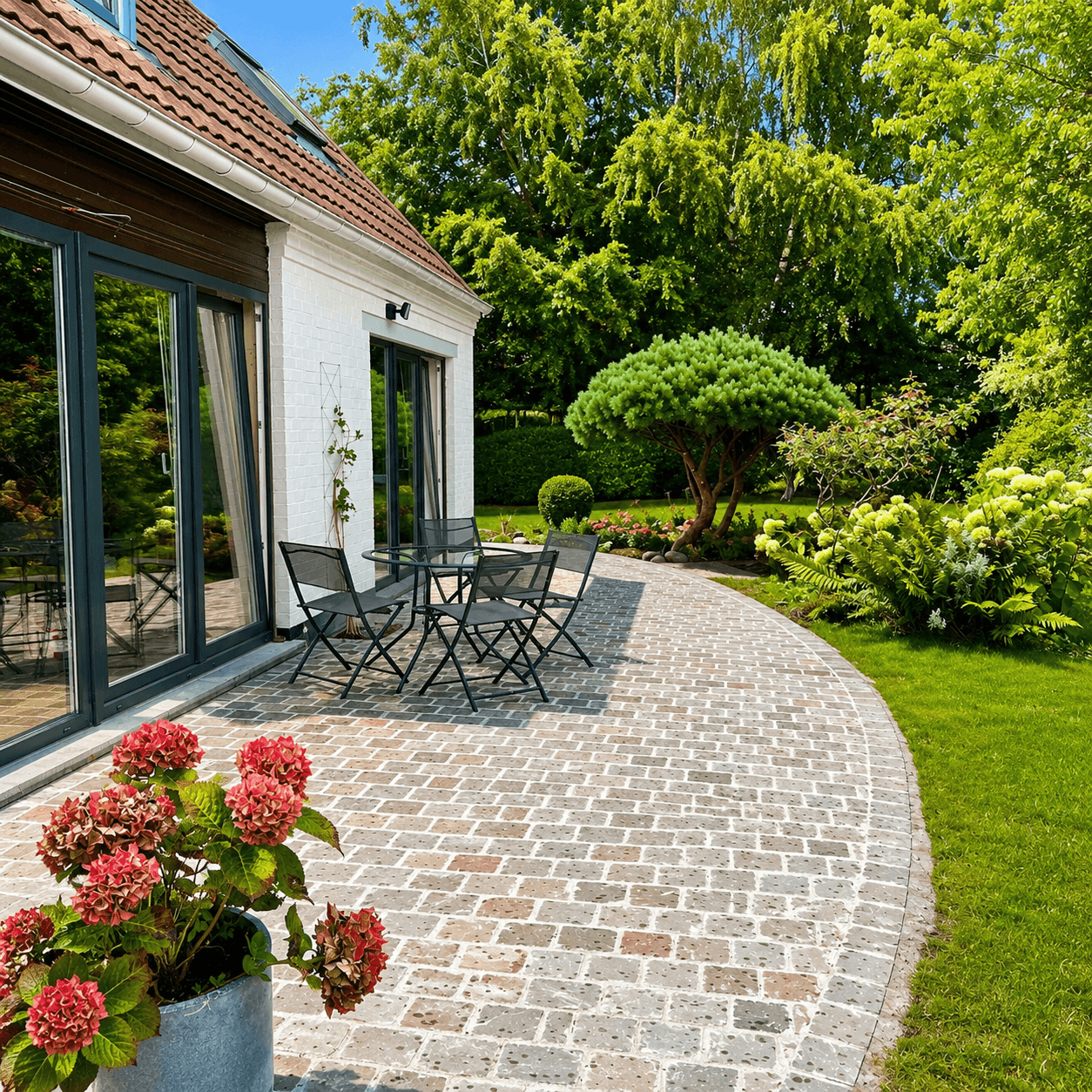 Terrasse courbe en pavés le long d'une baie vitrée, avec table de jardin et hortensias